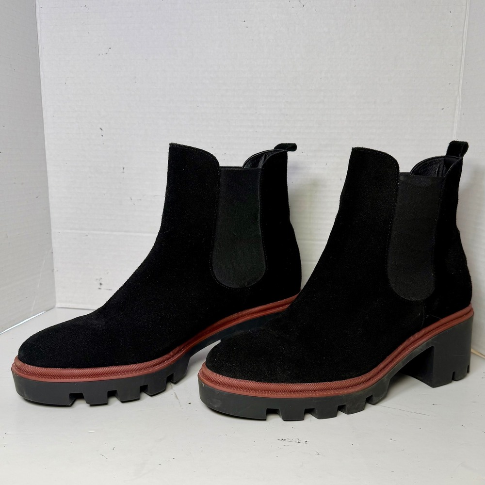 Antonio de Faria Womens 9.5 Black Suede Lug Sole Chelsea Block Heel Boots‎ 20017